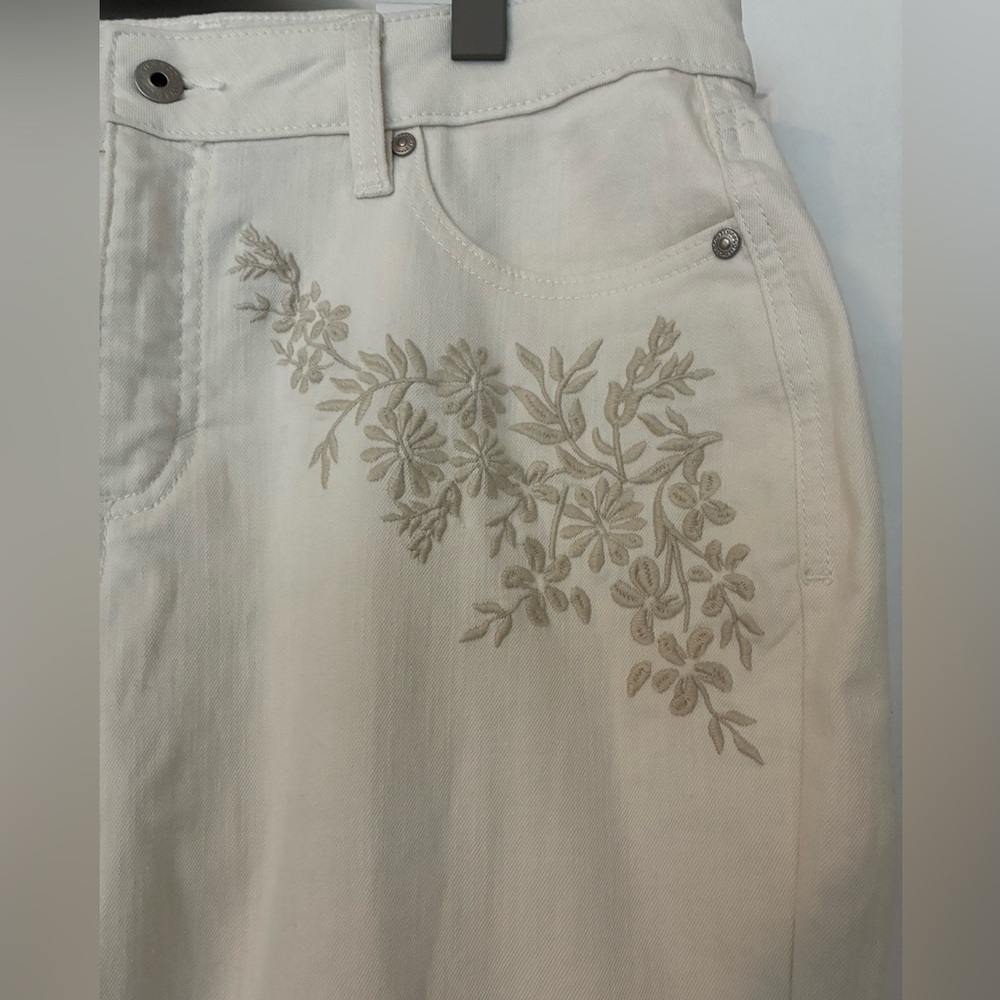 Style & Co. Cream Jeans with Taupe Floral Embroidery
